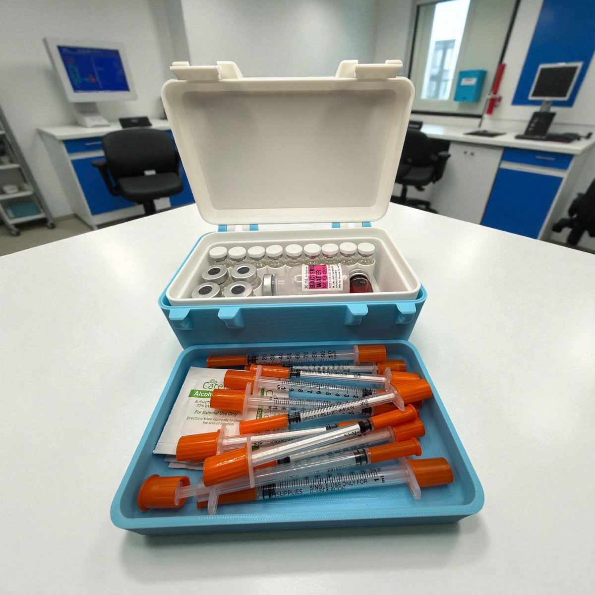 Peptide vials organizer  with syringes & alcohol pads modular trays, insulin, trt, botox lipoc injectables all in one solution