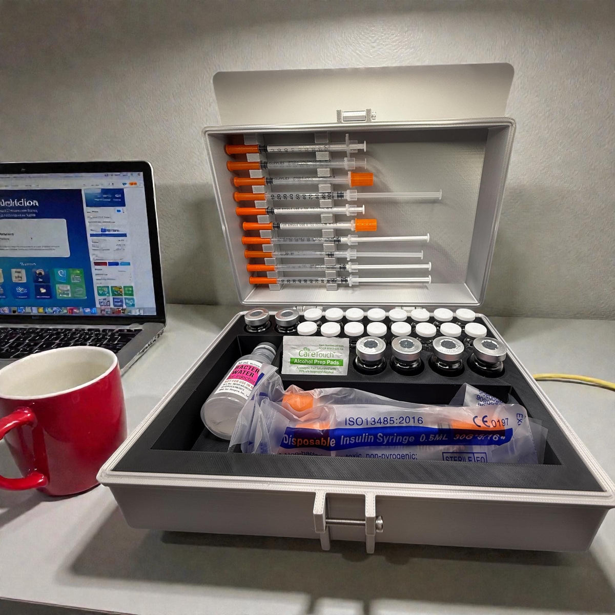 Large capacity insulin & peptide storage case – multi-vial organizer with syringe lid holder