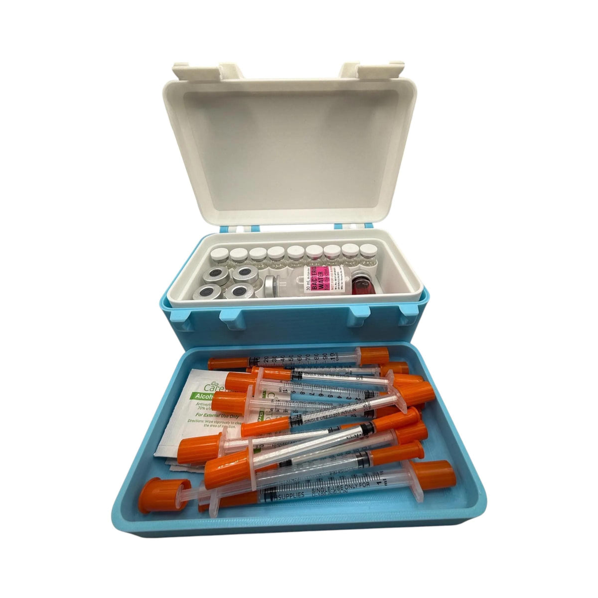 Peptide vials organizer  with syringes & alcohol pads modular trays, insulin, trt, botox lipoc injectables all in one solution