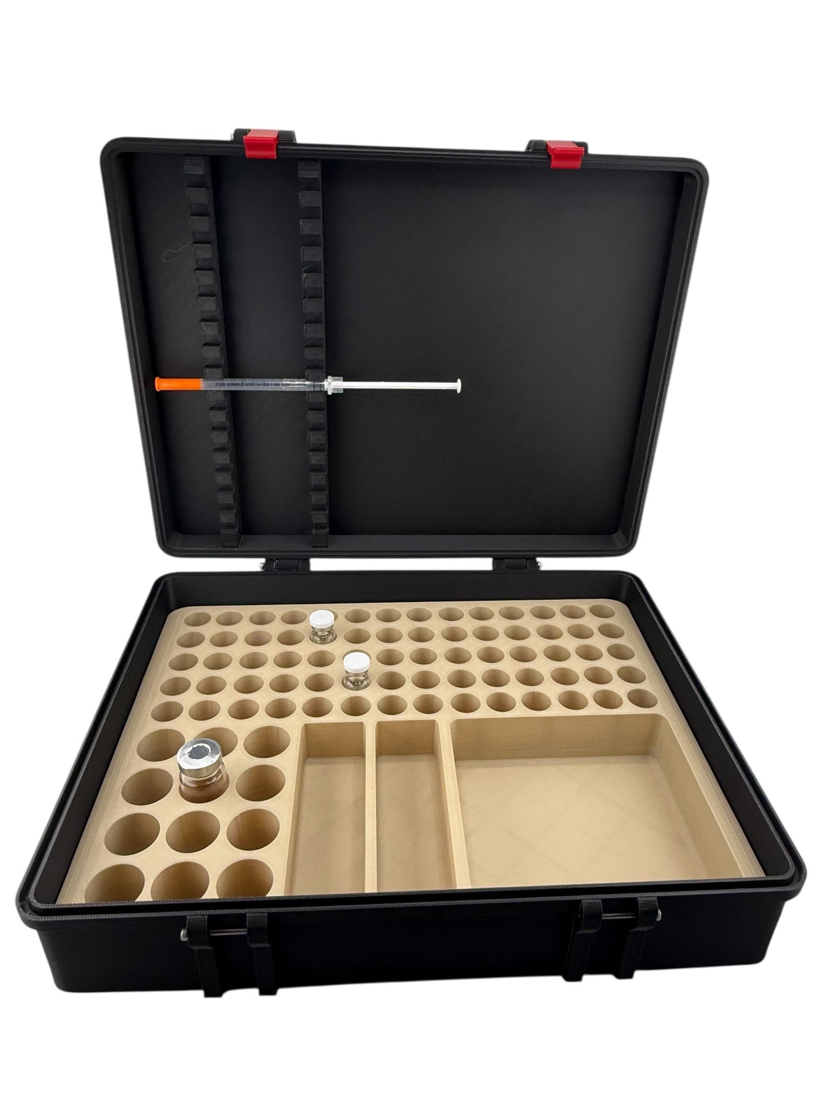 Large capacity peptide storage case – multi-vial organizer with syringe lid holder