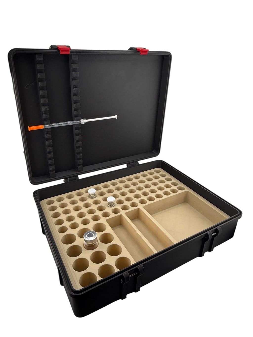 Large capacity peptide storage case – multi-vial organizer with syringe lid holder