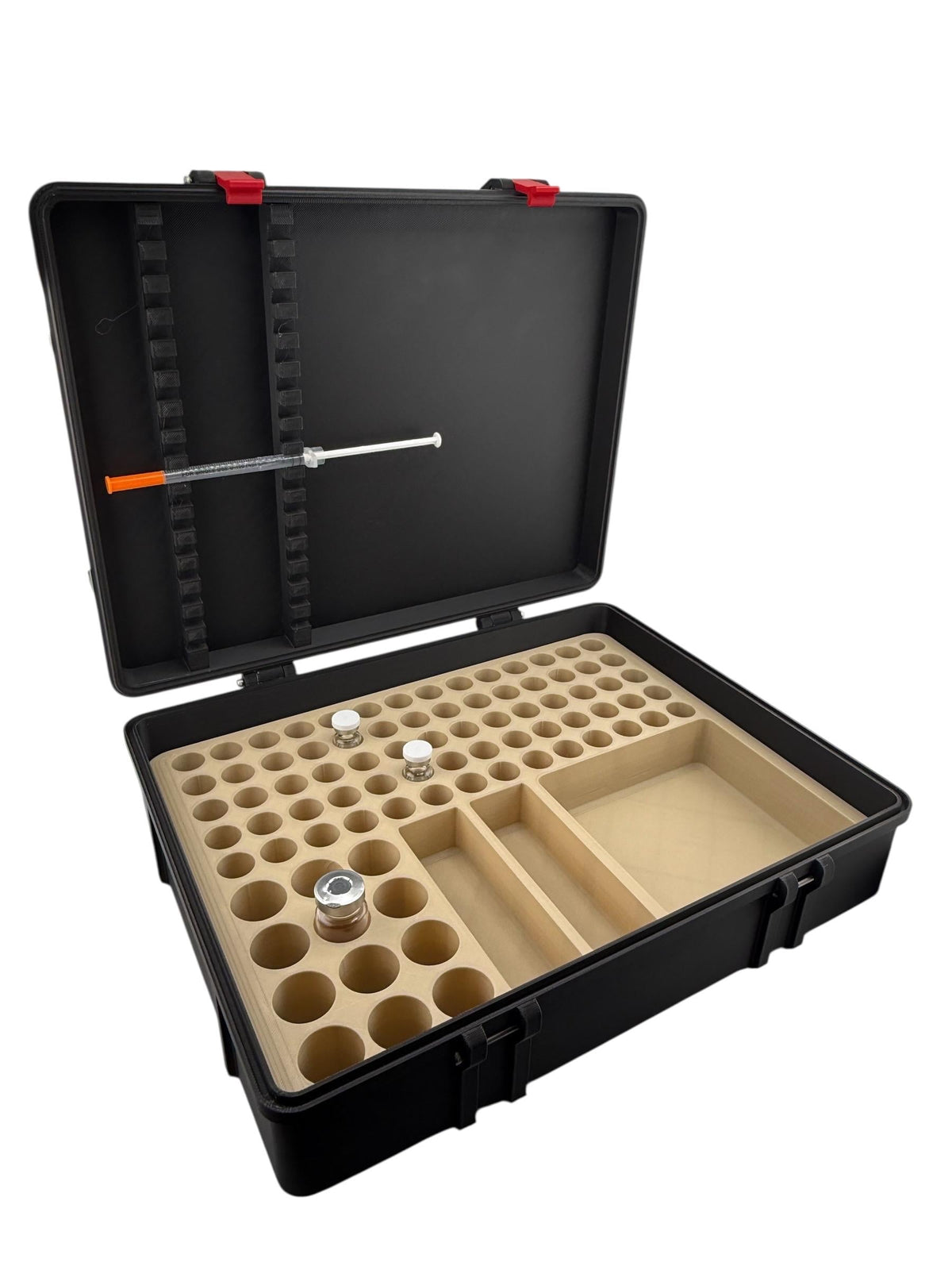 Large capacity peptide storage case – multi-vial organizer with syringe lid holder